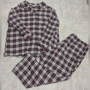 LL BEAN Pajama Set Mens 2XL Tartan Plaid Button Up Shirt Pants Cotton Red